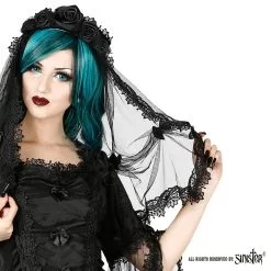 Voile Gothique SINISTER En Tulle -Vêtements Gothiques products h042 black mesh gothic veil with satin roses by sinister 02 900