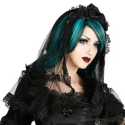 Voile Gothique SINISTER En Tulle -Vêtements Gothiques products h042 black mesh gothic veil with satin roses by sinister 03 900