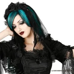 Voile Gothique SINISTER En Tulle -Vêtements Gothiques products h042 black mesh gothic veil with satin roses by sinister 04 900
